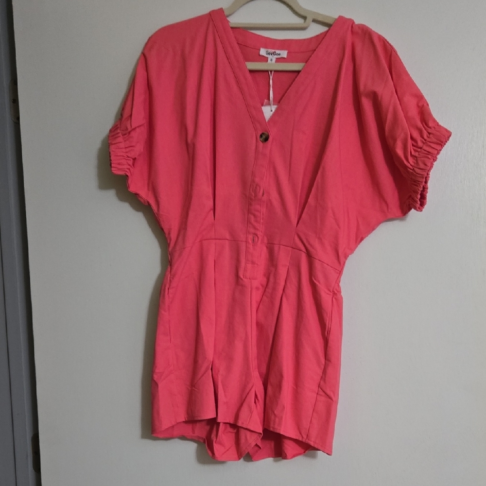 Pink Relaxed Fit Button-Up Puffed Sleeve Romper
